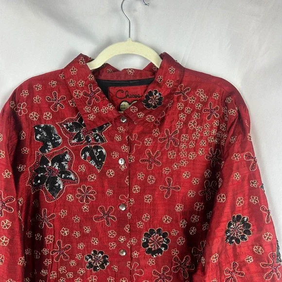 Chico's Silk Beaded Sequin Floral Blouse Shirt Red Size 3 XL Anniversary Collec - Picture 3 of 9